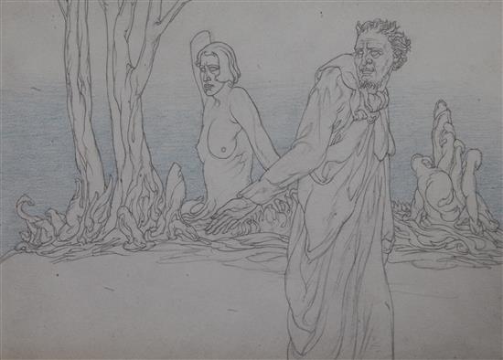 § Austin Osman Spare (1888-1956) Satyric figure and female torso in a landscape 7 x 9.75in. unframed
